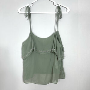 Zara Beaded Camisole Tank Top Women Small Green Sheer Breathable Ruffled